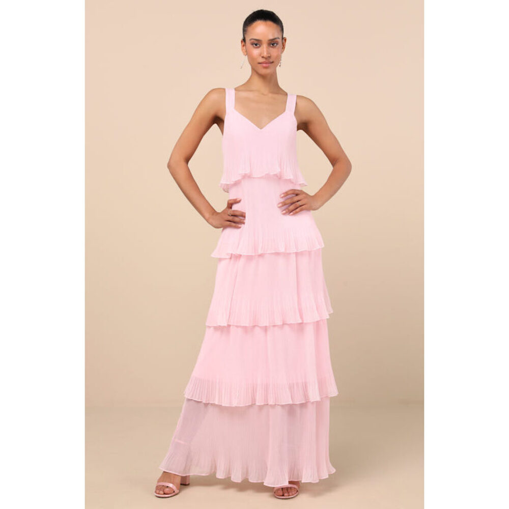 Lulus Elegant Nature Blush Pink Pleated Sleeveless Tiered Maxi Dress Size M NWT